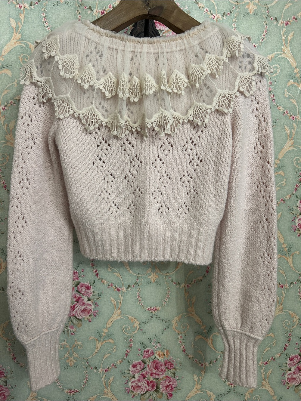 Free People baby pink sweater Victorian lace collar forest green ribbon size S - Picture 4 of 7